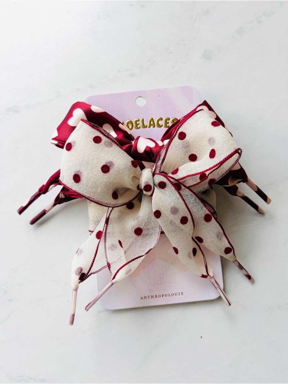 NWT Anthropologie Heart and Polka Dot Print Satin Shoe Laces Set of 2 Pairs